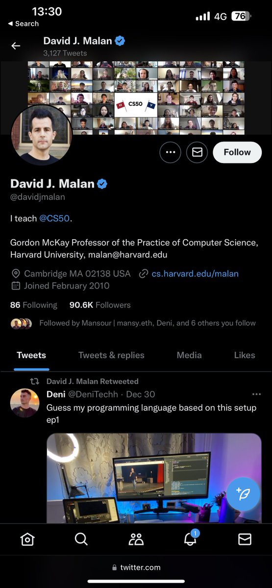 David J. Malan of CS50 Harvard retweeting Deni