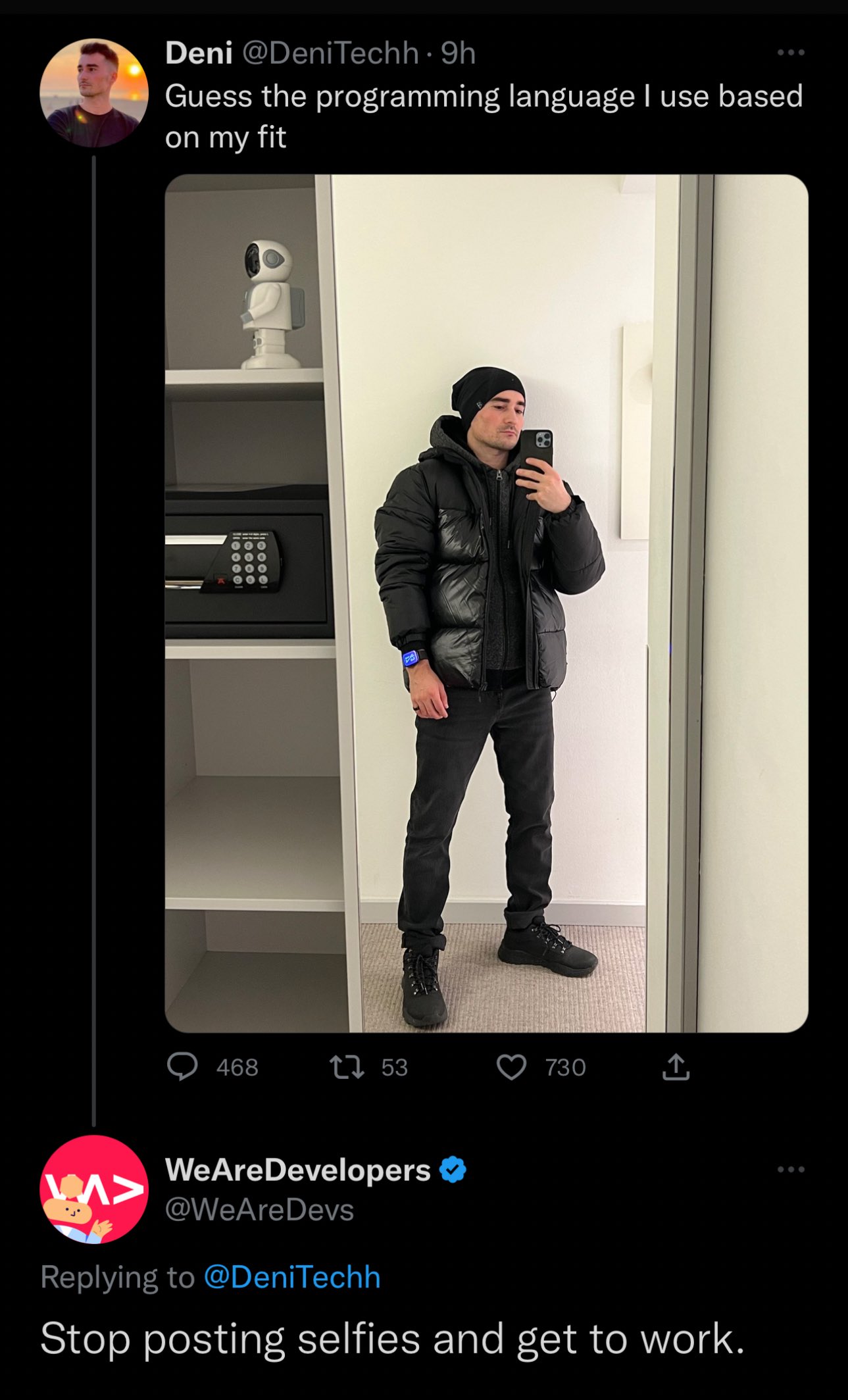 WeAreDevelopers replying stop posting selfies and get to work