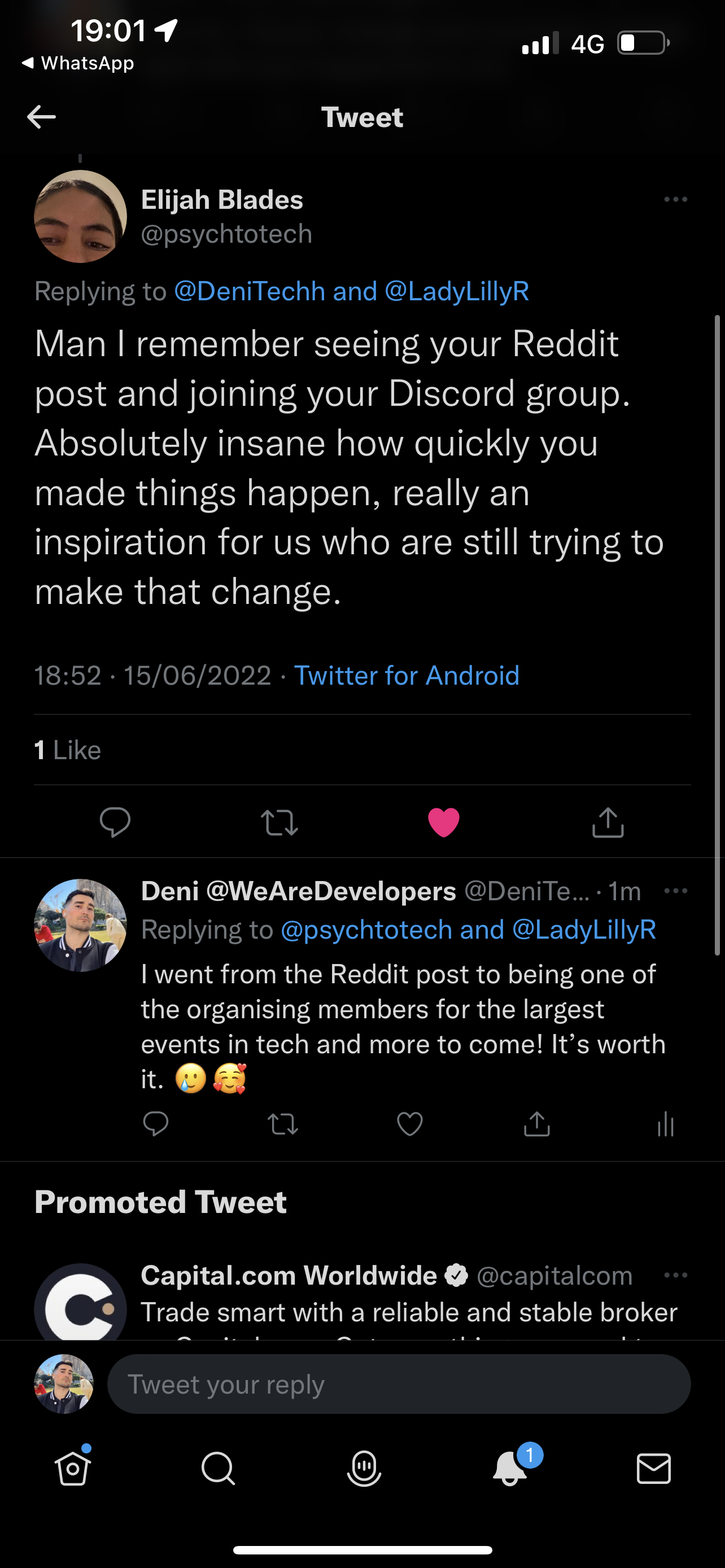 Community member praising Deni's Reddit post and Discord