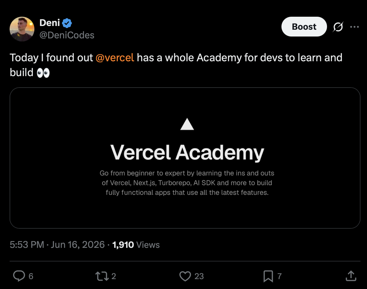 Deni tweet about Vercel