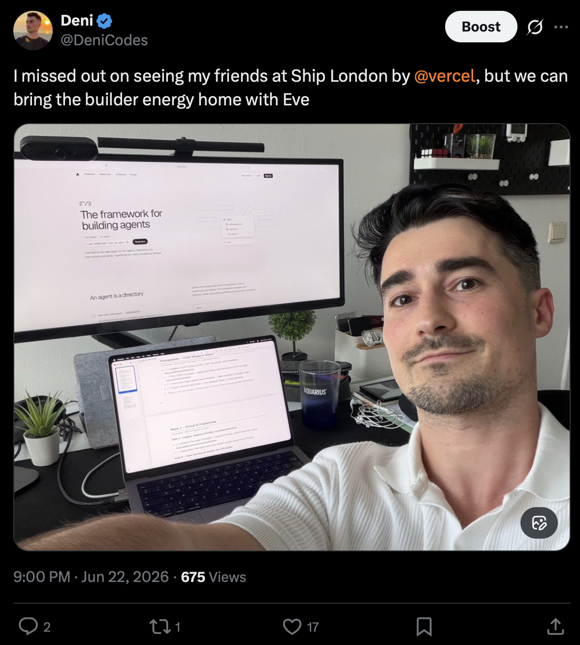 Deni tweet about Vercel